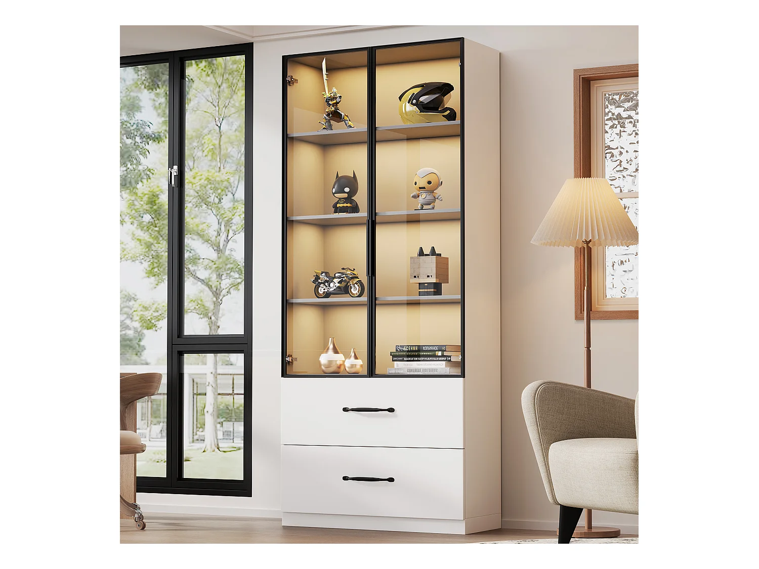Vitrina LED, vitrina de cristal templado, estantería y mueble de almacenaje con puertas y cajones de aluminio (60x40x160 cm)