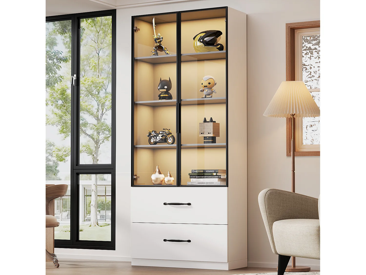 Vitrine LED, Vitrine en verre trempé, étagère et meuble de rangement avec portes en aluminium et tiroirs (60x40x160 cm)