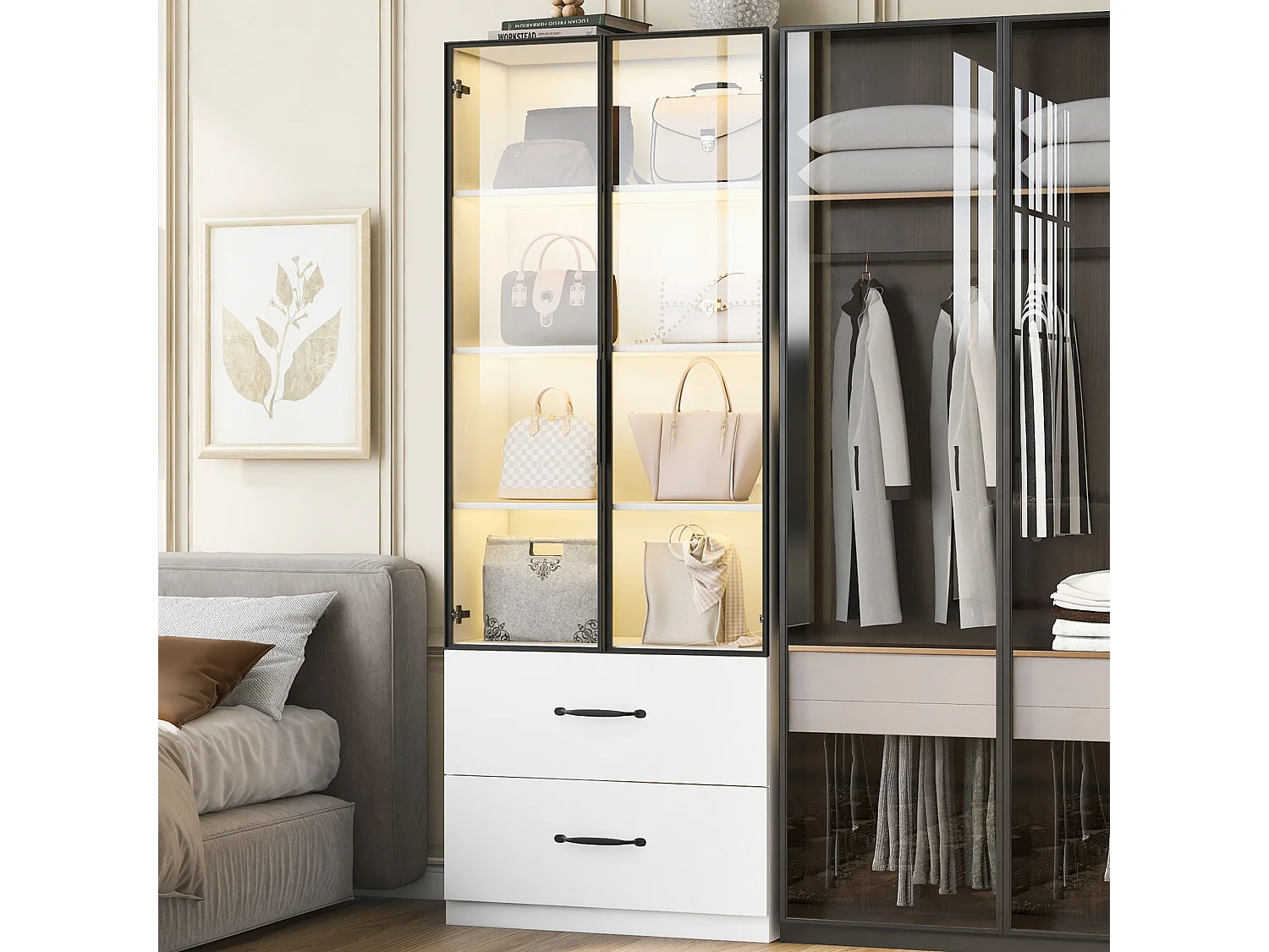 Vitrine LED, Vitrine en verre trempé, étagère et meuble de rangement avec portes en aluminium et tiroirs (60x40x160 cm)