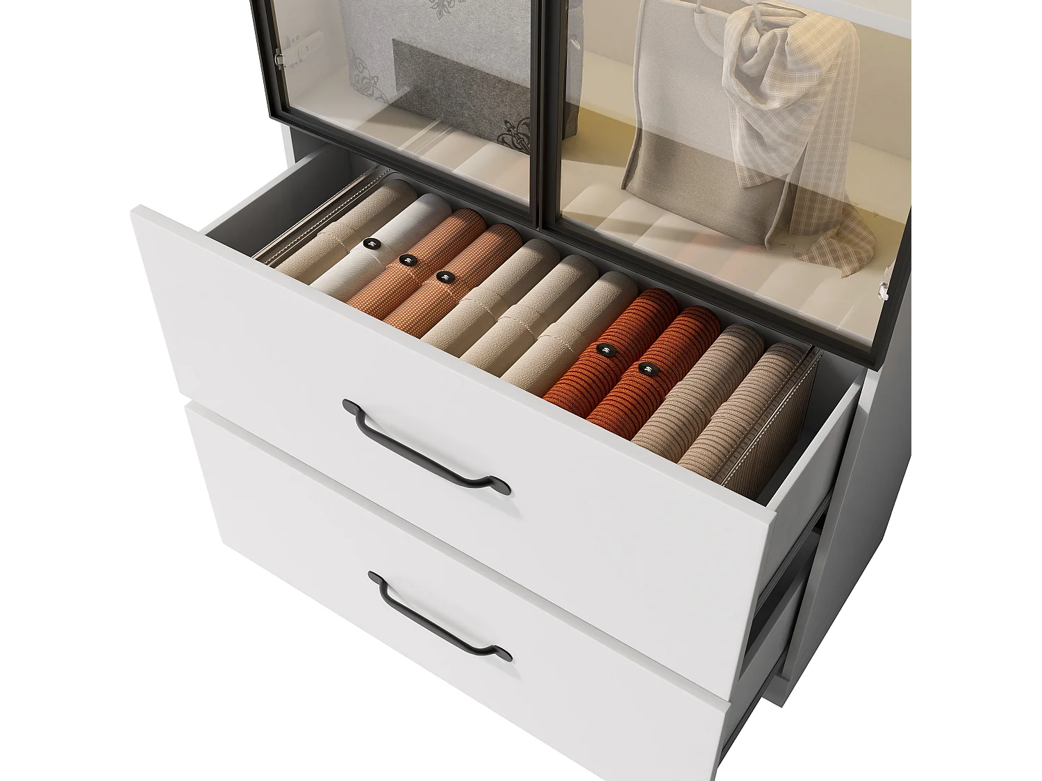 Vitrine LED, Vitrine en verre trempé, étagère et meuble de rangement avec portes en aluminium et tiroirs (60x40x160 cm)