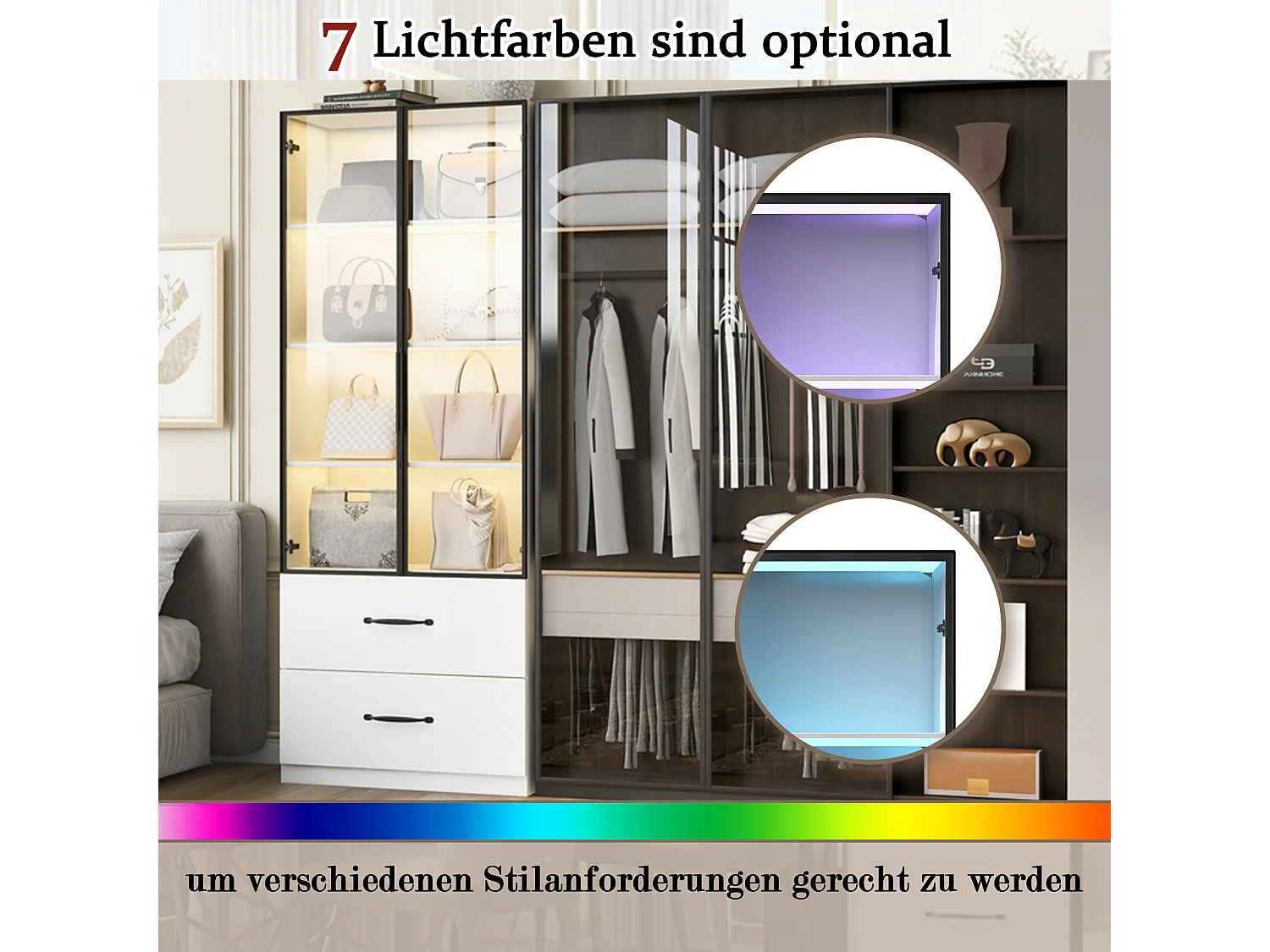 Vitrine LED, Vitrine en verre trempé, étagère et meuble de rangement avec portes en aluminium et tiroirs (60x40x160 cm)