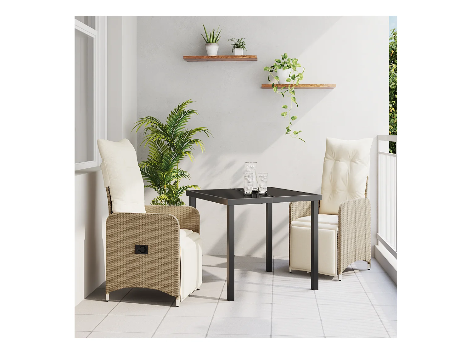 Set de jardin 3 pièces avec coussins beiges en poly rattan