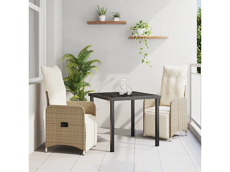 Set de jardin 3 pièces avec coussins beiges en poly rattan