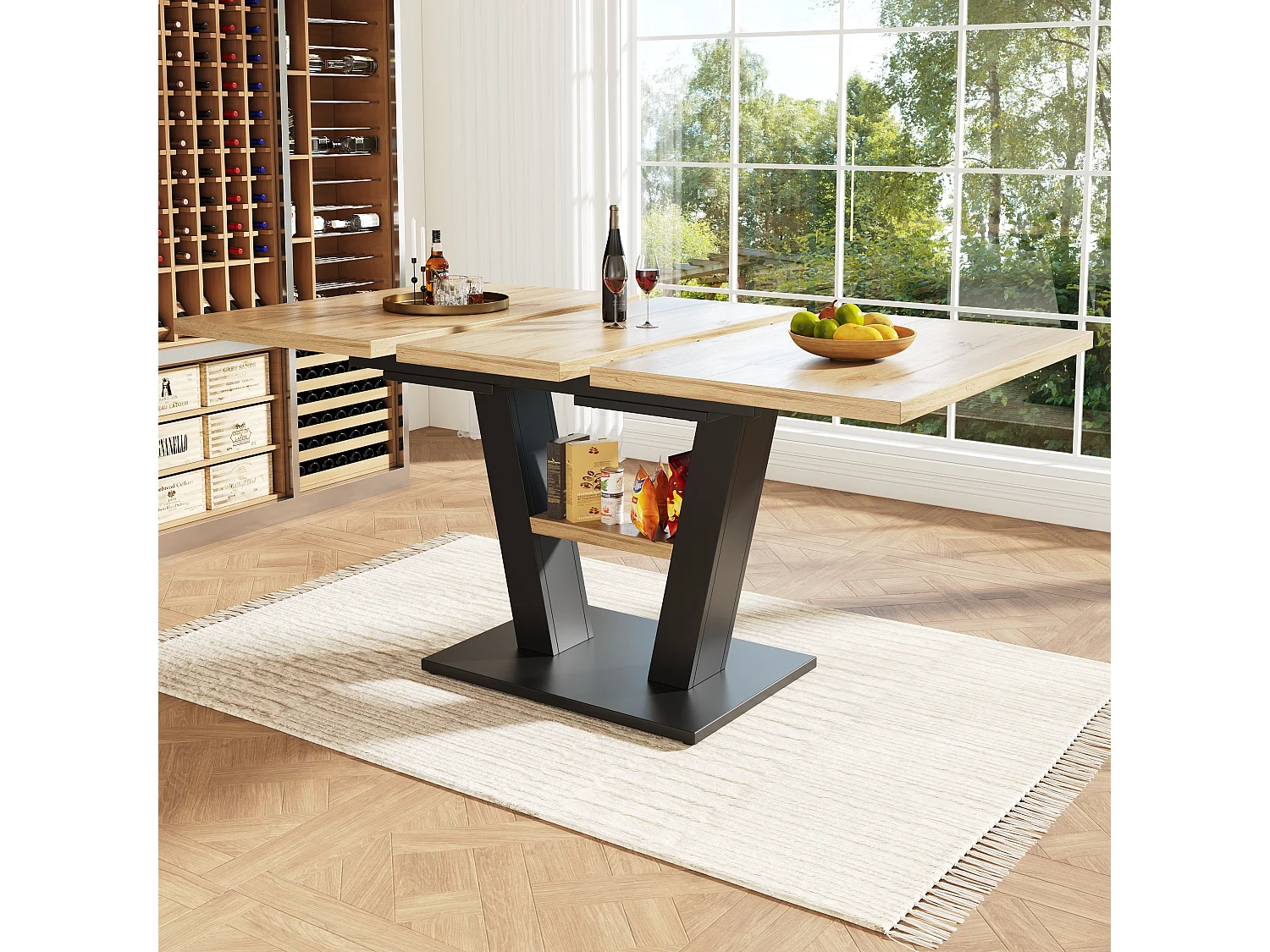 Uitschuifbare tafel (118-157×70×75 cm), eettafel, MDF en metaal, zwart en hout (118-157×70×75 cm)