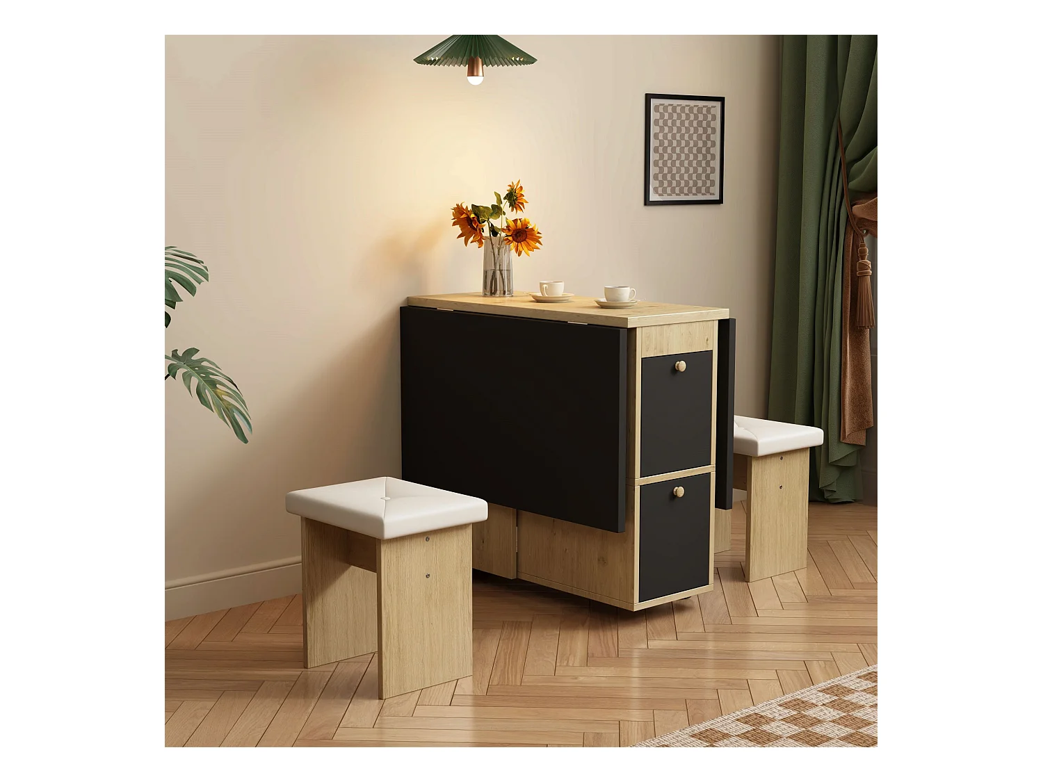 Set de table à manger pliant, extensible avec 4 chaises, Bois aggloméré, Blanc + Chêne + Noir, (120x80x75 cm)