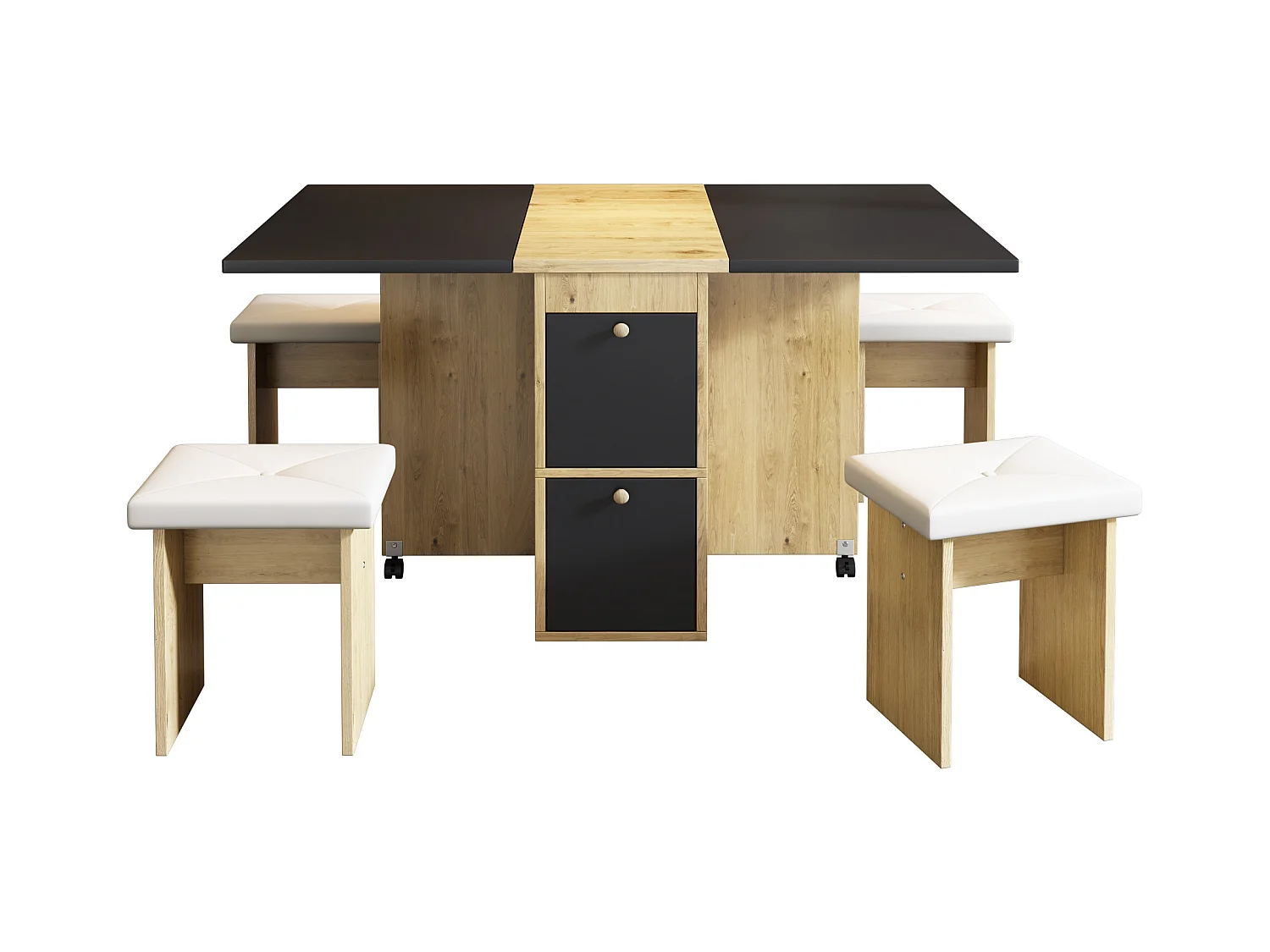 Set de table à manger pliant, extensible avec 4 chaises, Bois aggloméré, Blanc + Chêne + Noir, (120x80x75 cm)