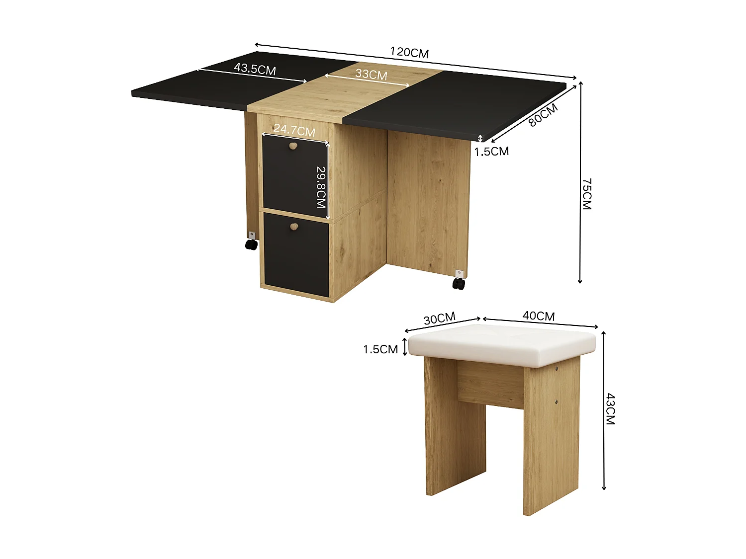 Set de table à manger pliant, extensible avec 4 chaises, Bois aggloméré, Blanc + Chêne + Noir, (120x80x75 cm)