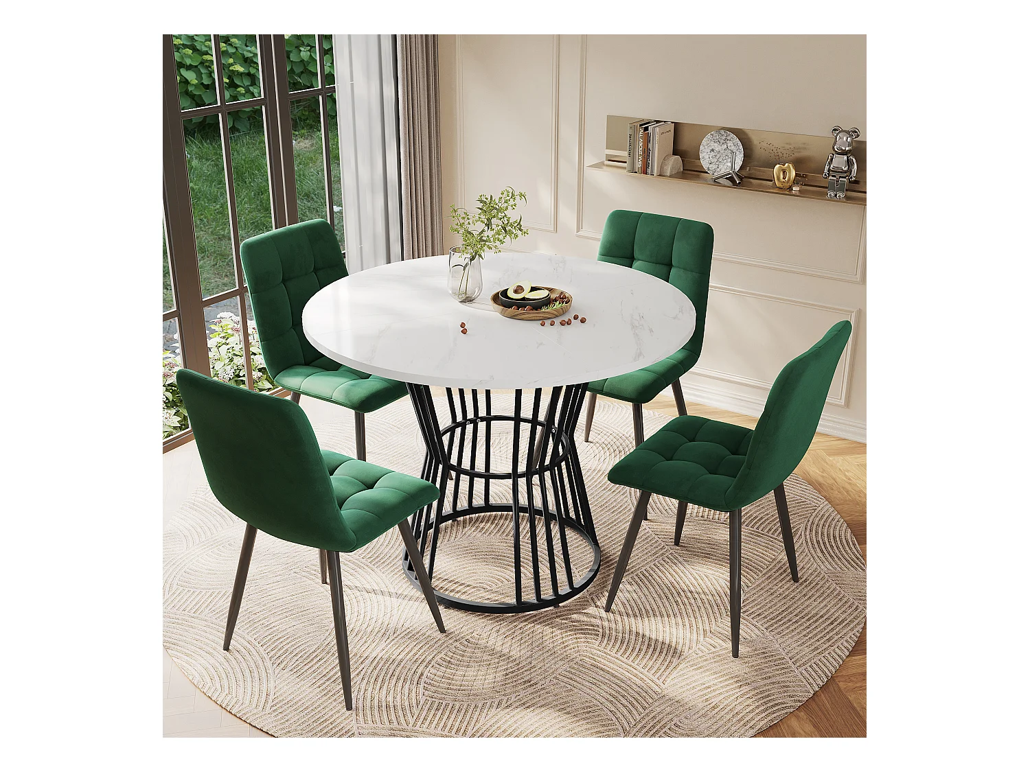 Ensemble de salle à manger (5 pièces), table ronde avec plateau MDF blanc marbré, pieds métalliques noirs, chaises en velours vert (100x100x75 cm)