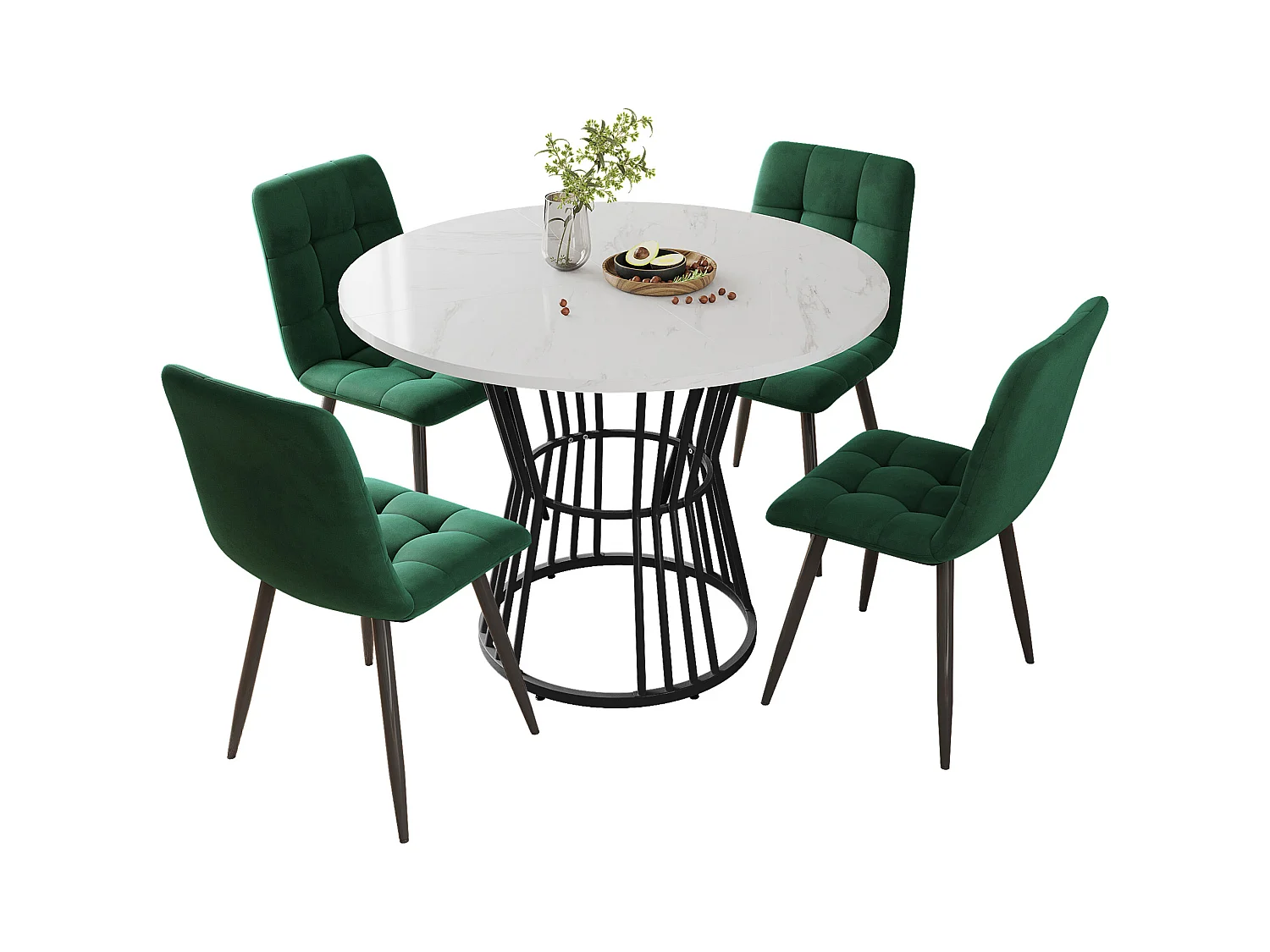 Ensemble de salle à manger (5 pièces), table ronde avec plateau MDF blanc marbré, pieds métalliques noirs, chaises en velours vert (100x100x75 cm)