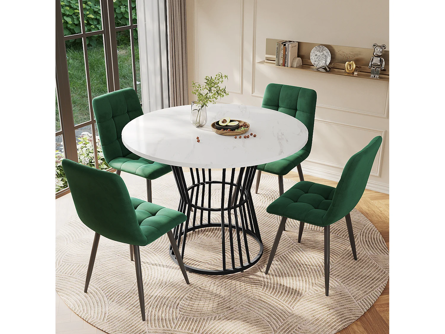 Eetkamerset (5-delig), ronde tafel met wit gemarmerd MDF-blad, zwarte metalen poten, groene fluwelen stoelen (100x100x75 cm)