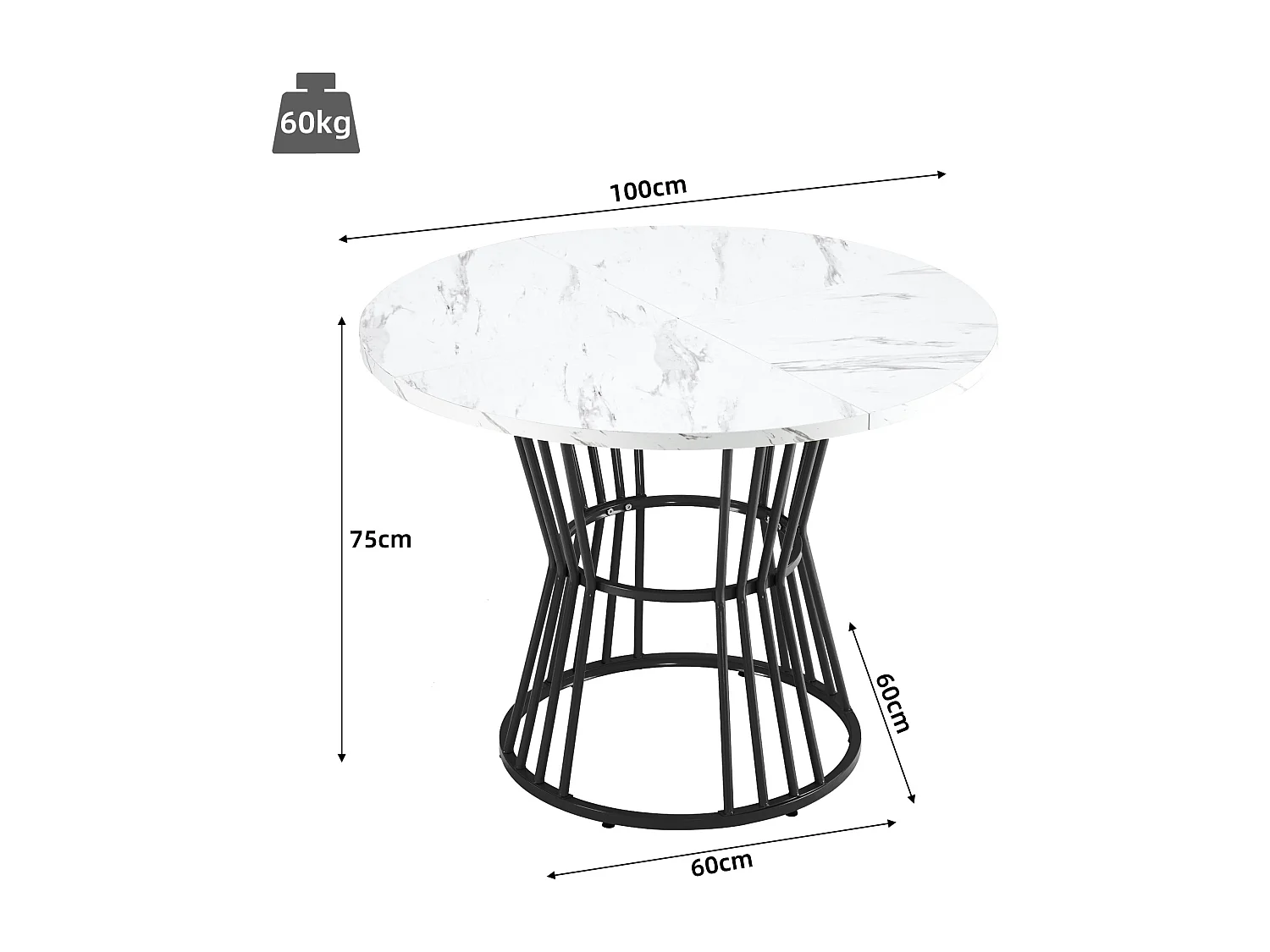 Eetkamerset (5-delig), ronde tafel met wit gemarmerd MDF-blad, zwarte metalen poten, groene fluwelen stoelen (100x100x75 cm)