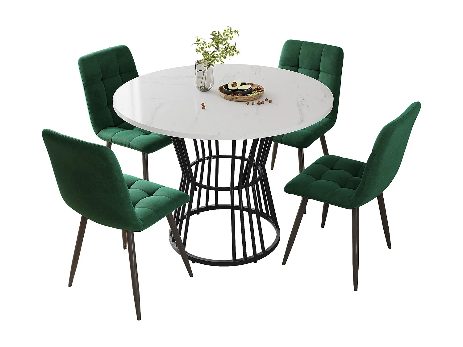 Eetkamerset (5-delig), ronde tafel met wit gemarmerd MDF-blad, zwarte metalen poten, groene fluwelen stoelen (100x100x75 cm)