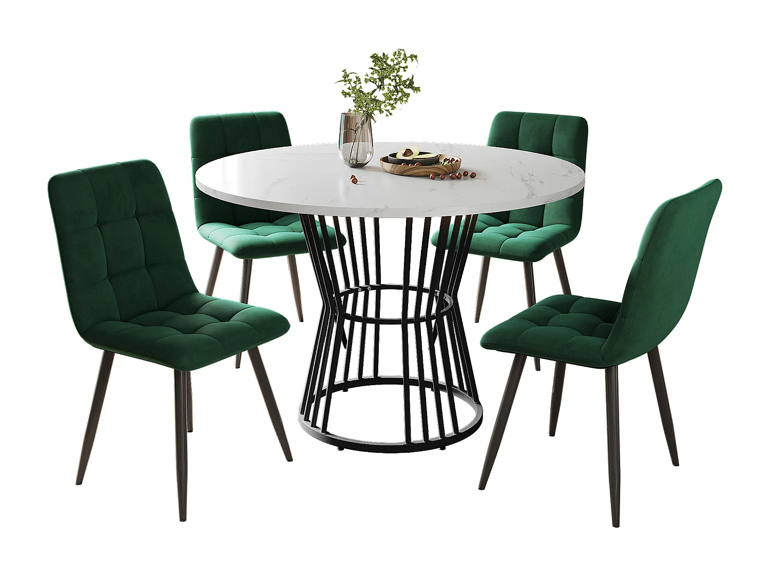 Eetkamerset (5-delig), ronde tafel met wit gemarmerd MDF-blad, zwarte metalen poten, groene fluwelen stoelen (100x100x75 cm)