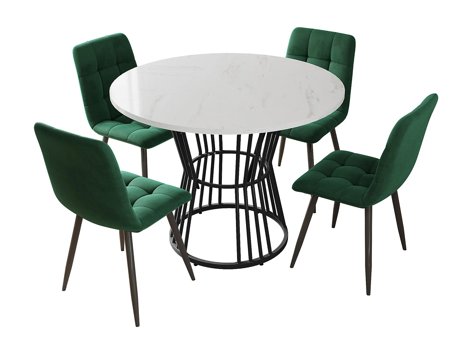 Eetkamerset (5-delig), ronde tafel met wit gemarmerd MDF-blad, zwarte metalen poten, groene fluwelen stoelen (100x100x75 cm)