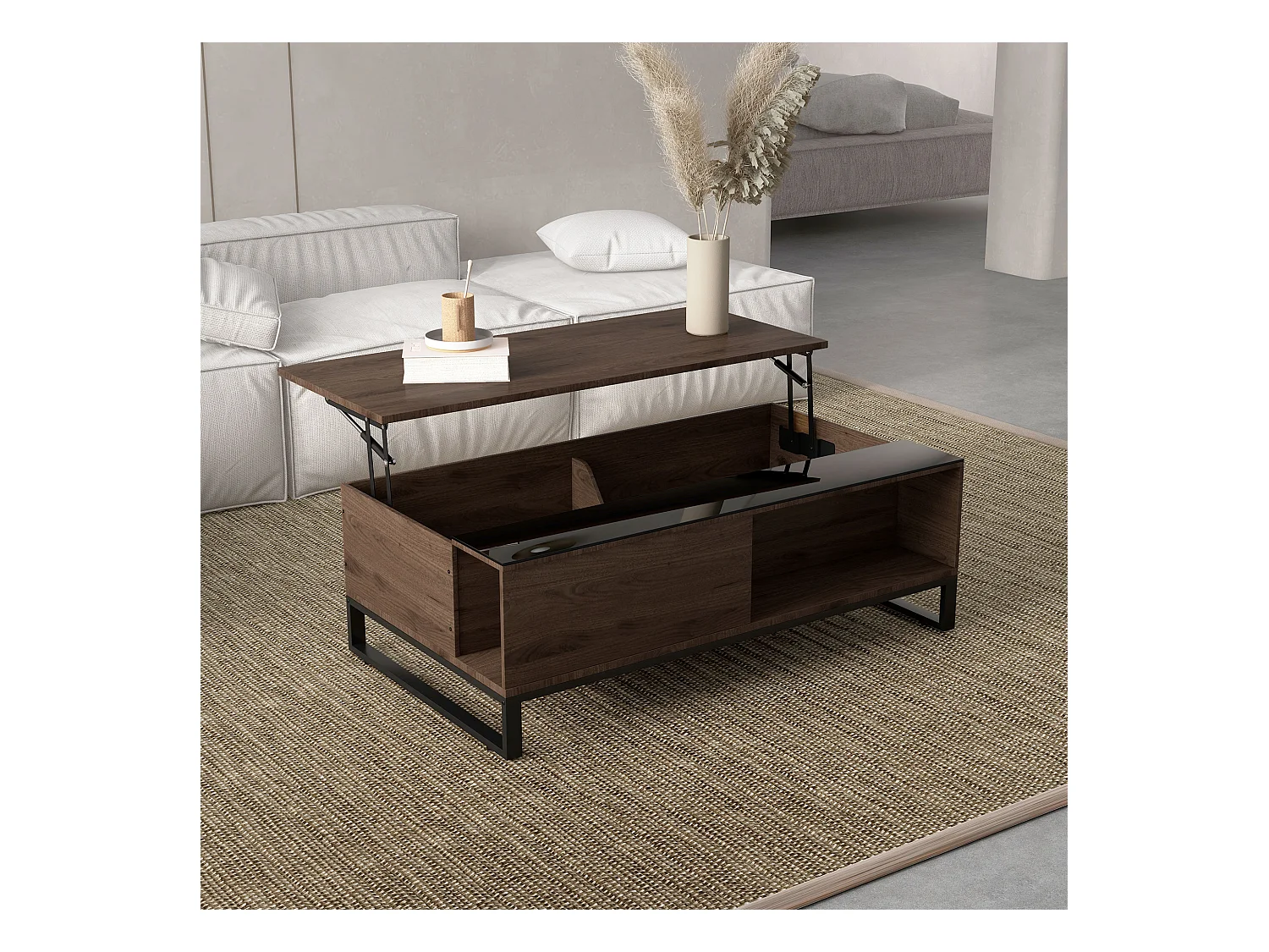 Couchtisch mit Hebefunktion, Stahl, Walnussholzoptik, 102x58x35,5 cm