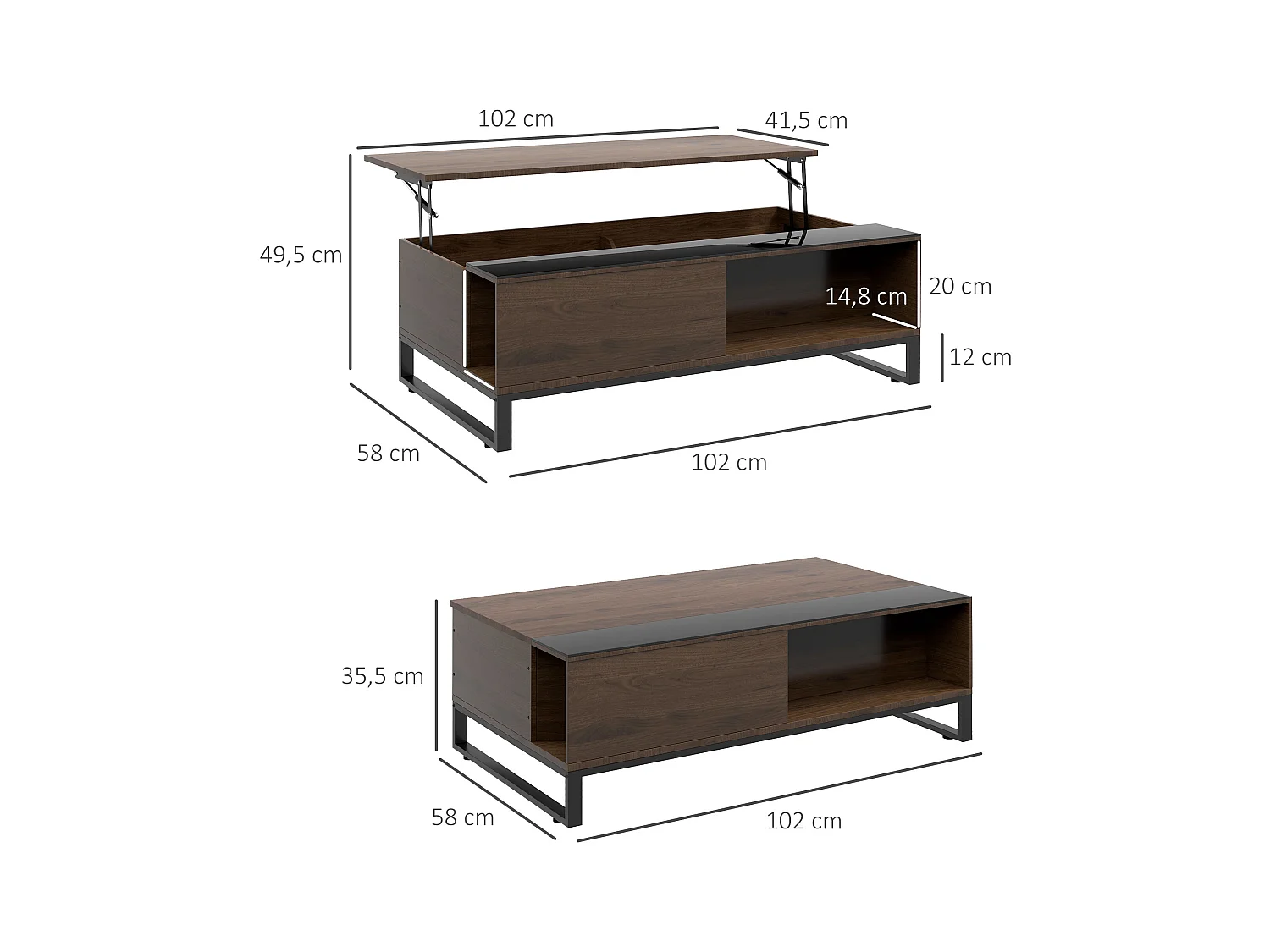 Couchtisch mit Hebefunktion, Stahl, Walnussholzoptik, 102x58x35,5 cm