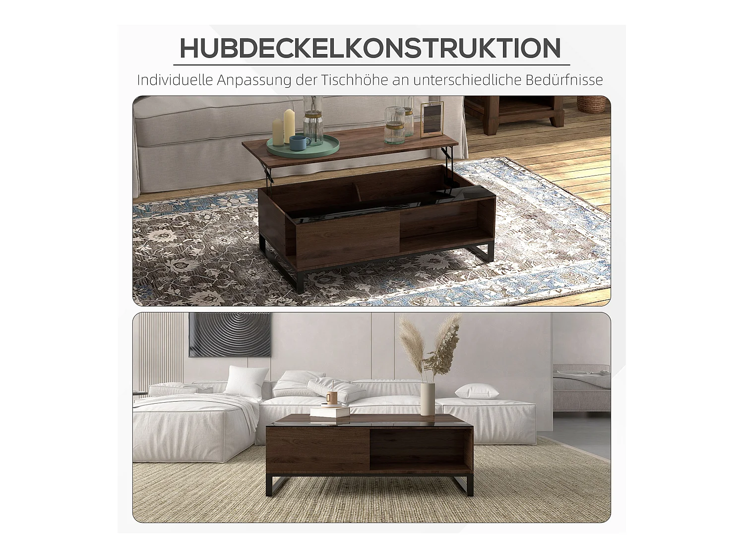 Couchtisch mit Hebefunktion, Stahl, Walnussholzoptik, 102x58x35,5 cm