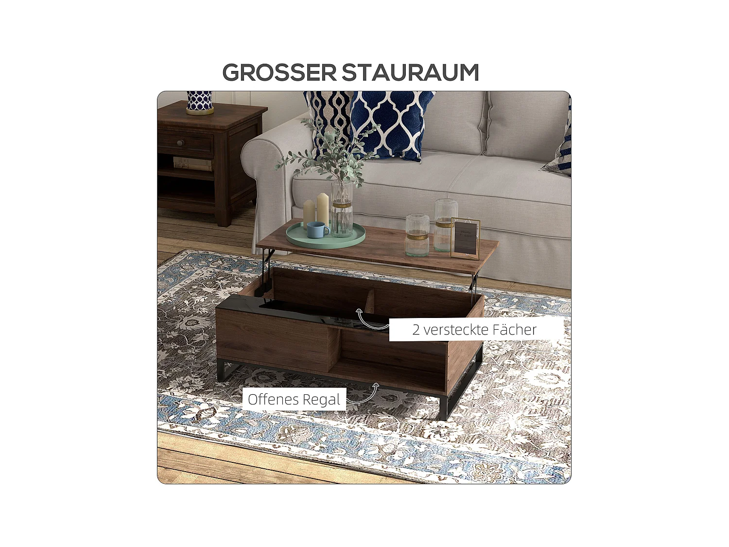 Couchtisch mit Hebefunktion, Stahl, Walnussholzoptik, 102x58x35,5 cm