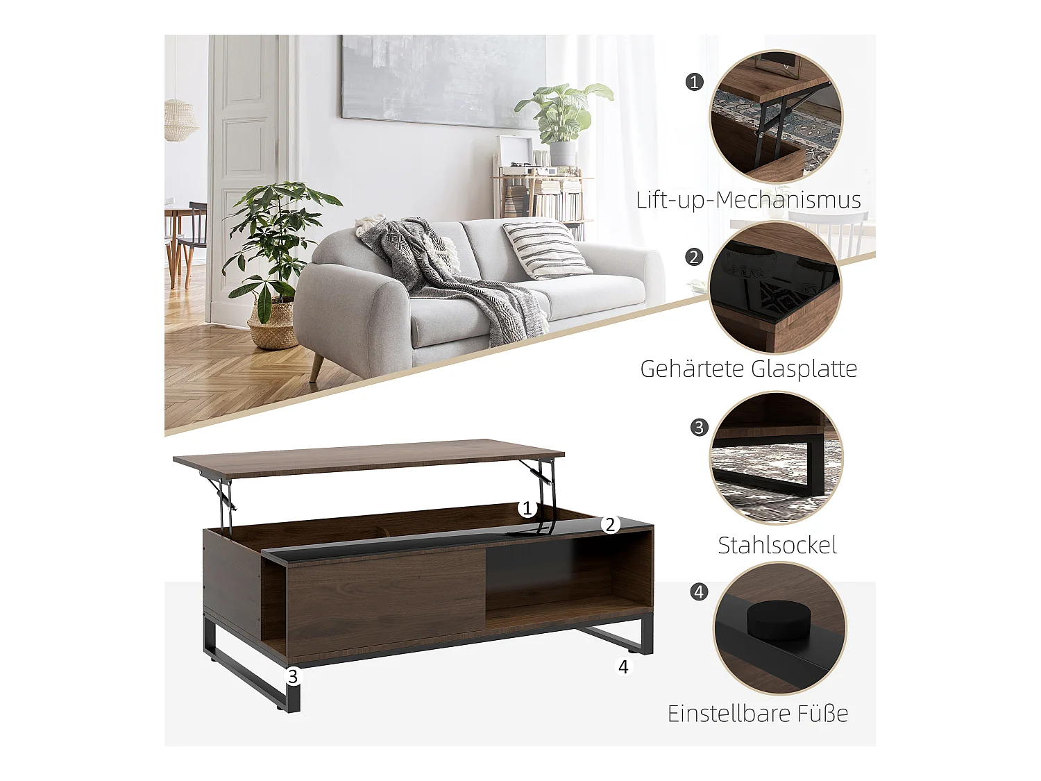 Couchtisch mit Hebefunktion, Stahl, Walnussholzoptik, 102x58x35,5 cm