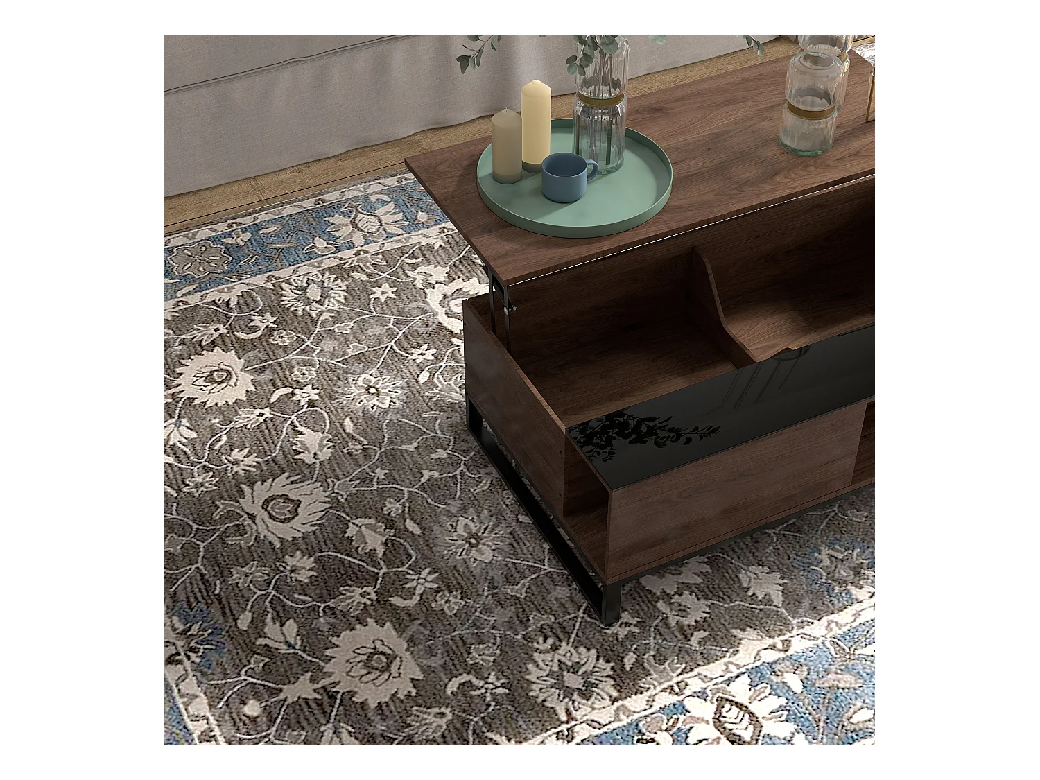 Couchtisch mit Hebefunktion, Stahl, Walnussholzoptik, 102x58x35,5 cm