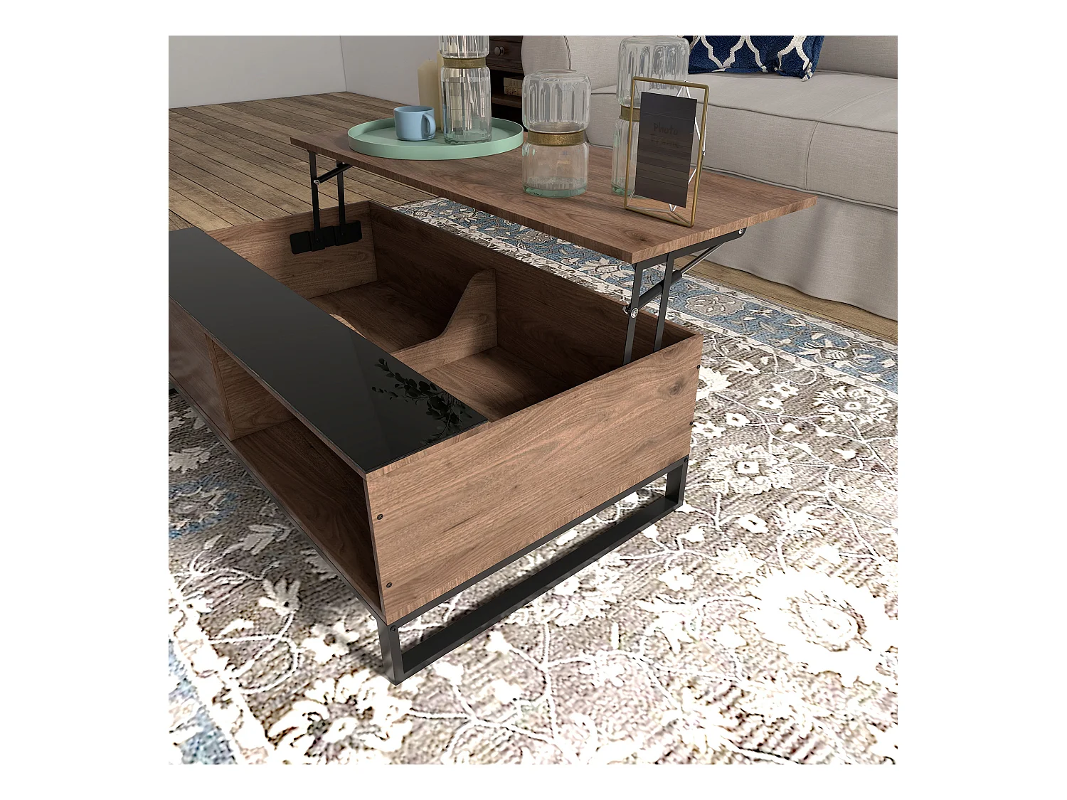 Couchtisch mit Hebefunktion, Stahl, Walnussholzoptik, 102x58x35,5 cm