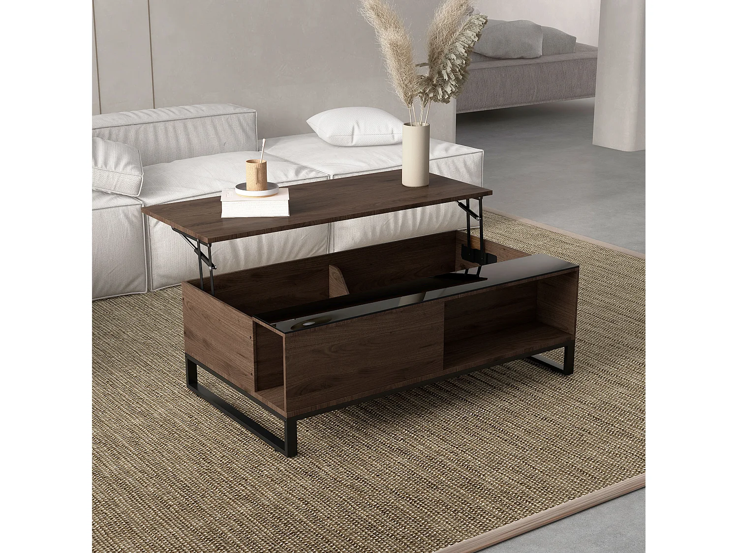 Salontafel met heffunctie, staal, walnotenhoutlook, 102x58x35,5 cm