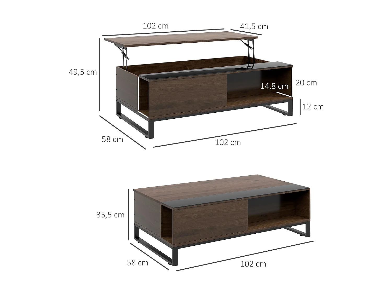 Salontafel met heffunctie, staal, walnotenhoutlook, 102x58x35,5 cm