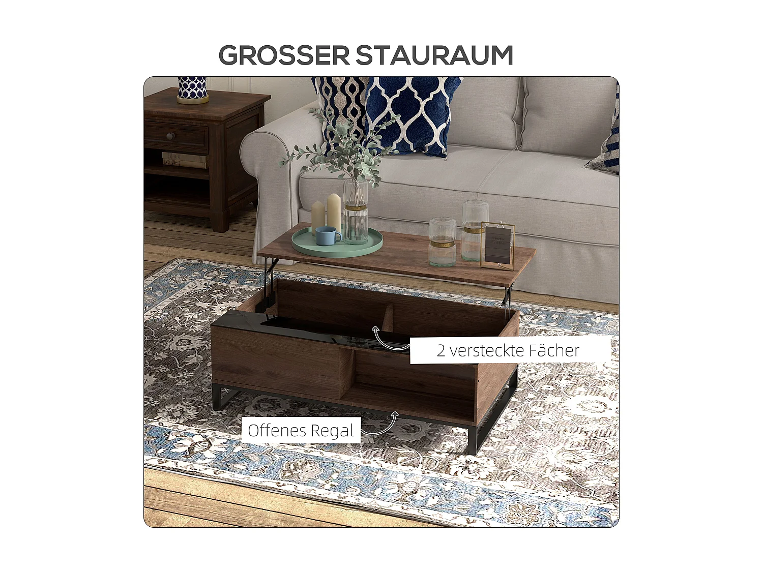 Salontafel met heffunctie, staal, walnotenhoutlook, 102x58x35,5 cm