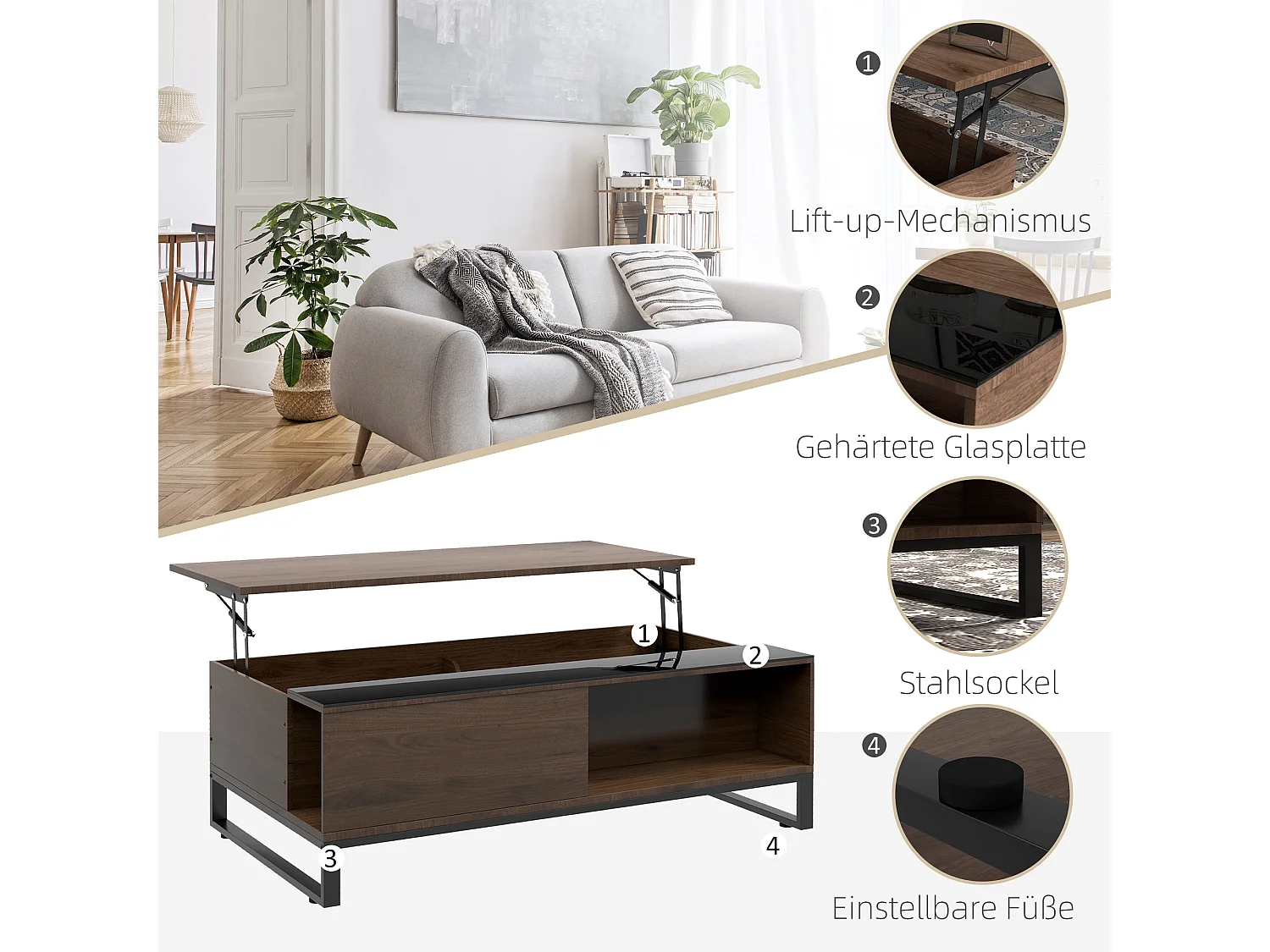 Salontafel met heffunctie, staal, walnotenhoutlook, 102x58x35,5 cm