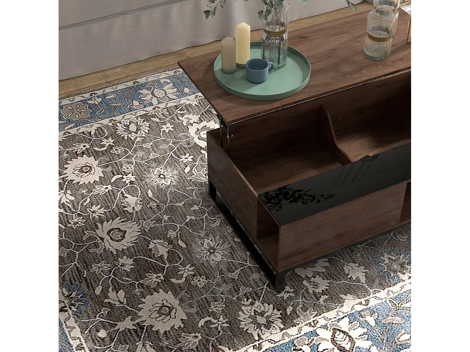 Salontafel met heffunctie, staal, walnotenhoutlook, 102x58x35,5 cm