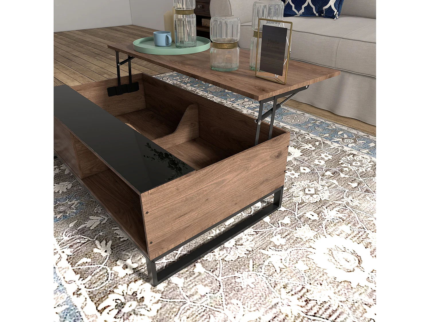 Salontafel met heffunctie, staal, walnotenhoutlook, 102x58x35,5 cm