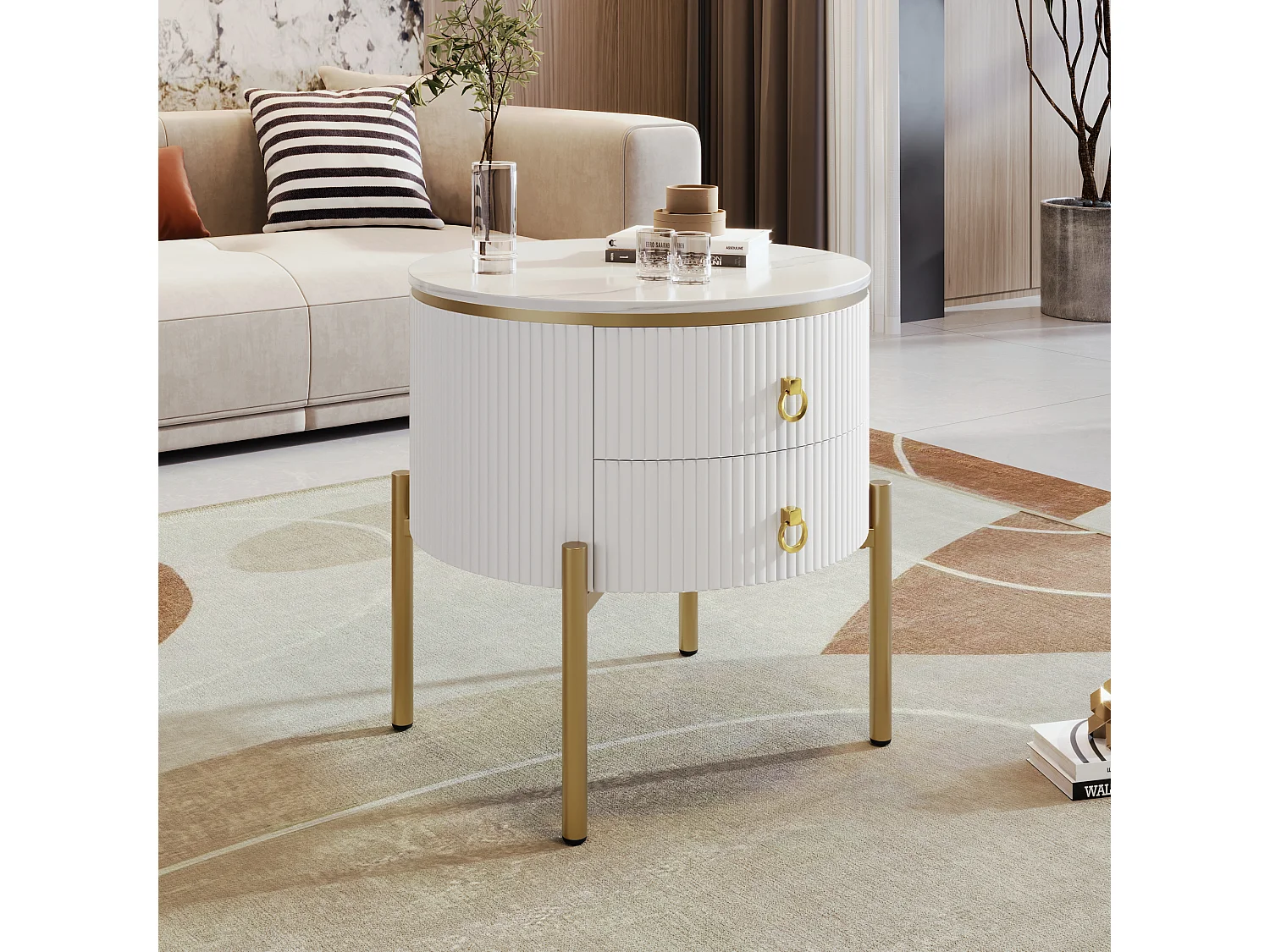 Salontafel met lades, gemarmerd oppervlak, gouden poten en handgrepen, verstelbaar, MDF, wit en goud, (50x50x51 cm)