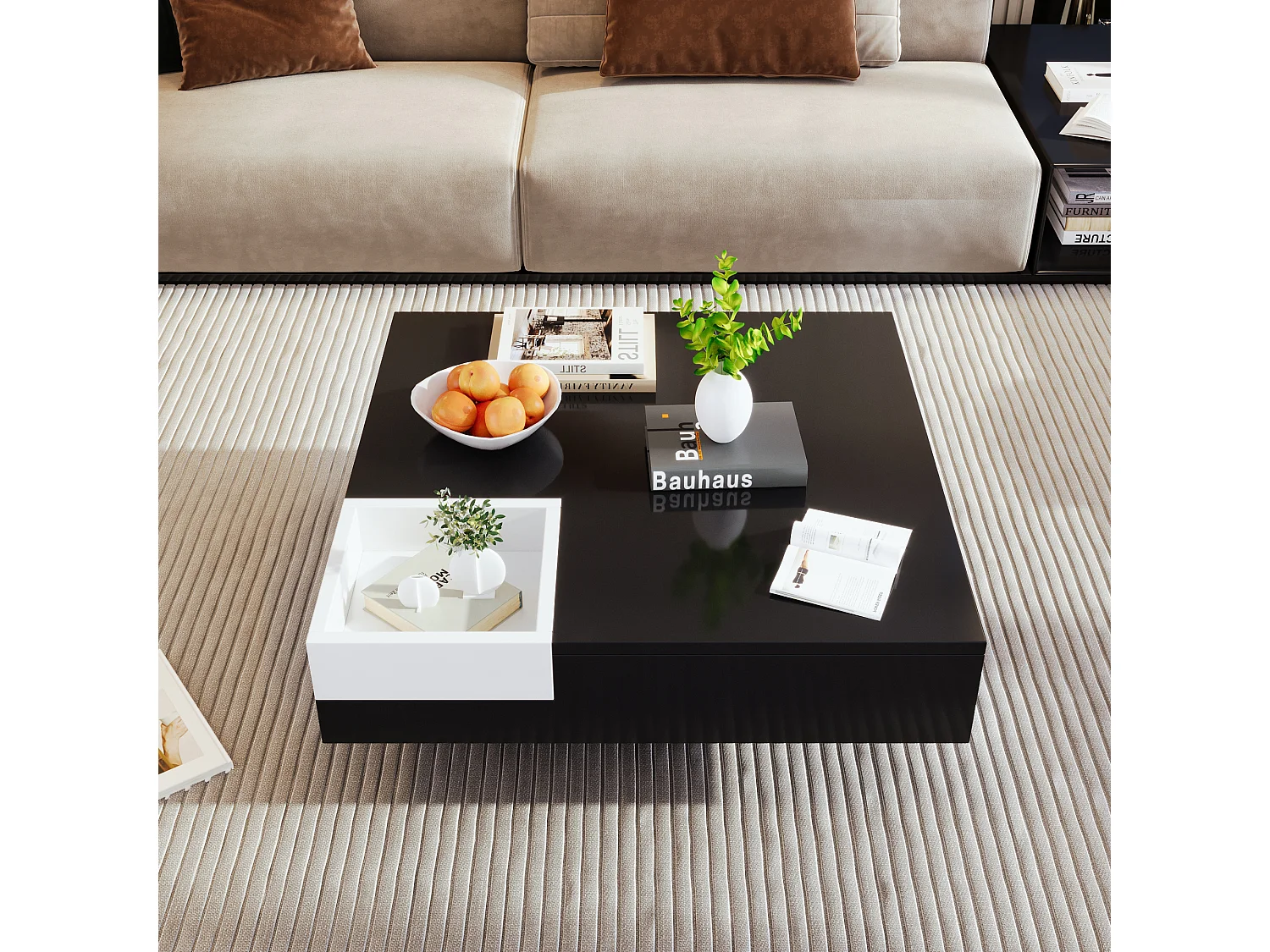 Table basse laquée, table avec boîte de rangement amovible, coloris blanc et noir, MDF, (72x72x30 cm), avec effet lumineux LED