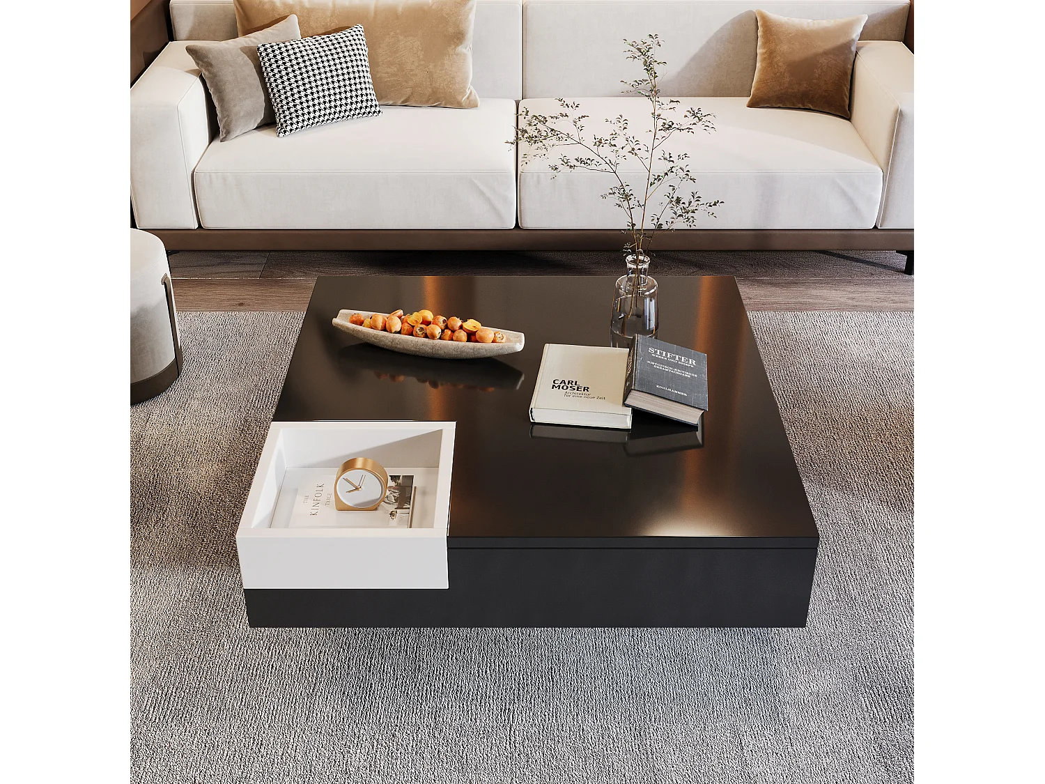 Table basse laquée, table avec boîte de rangement amovible, coloris blanc et noir, MDF, (72x72x30 cm), avec effet lumineux LED