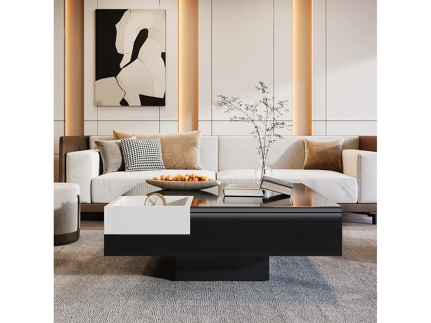 Table basse laquée, table avec boîte de rangement amovible, coloris blanc et noir, MDF, (72x72x30 cm), avec effet lumineux LED