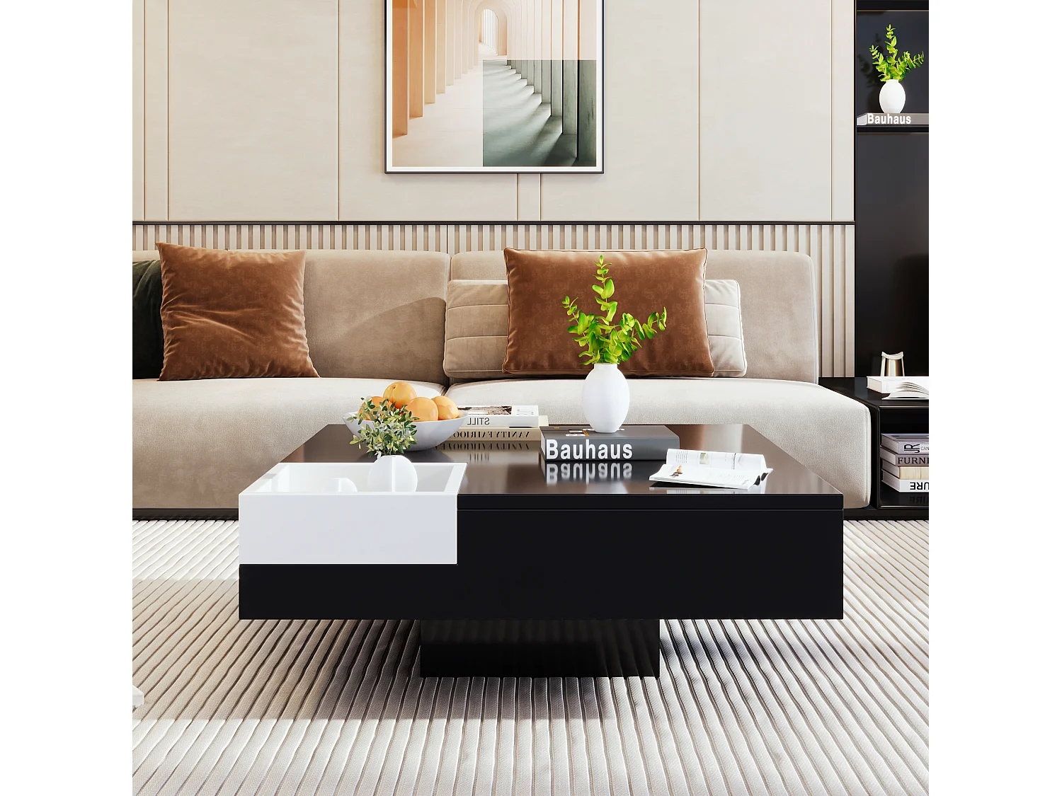 Table basse laquée, table avec boîte de rangement amovible, coloris blanc et noir, MDF, (72x72x30 cm), avec effet lumineux LED