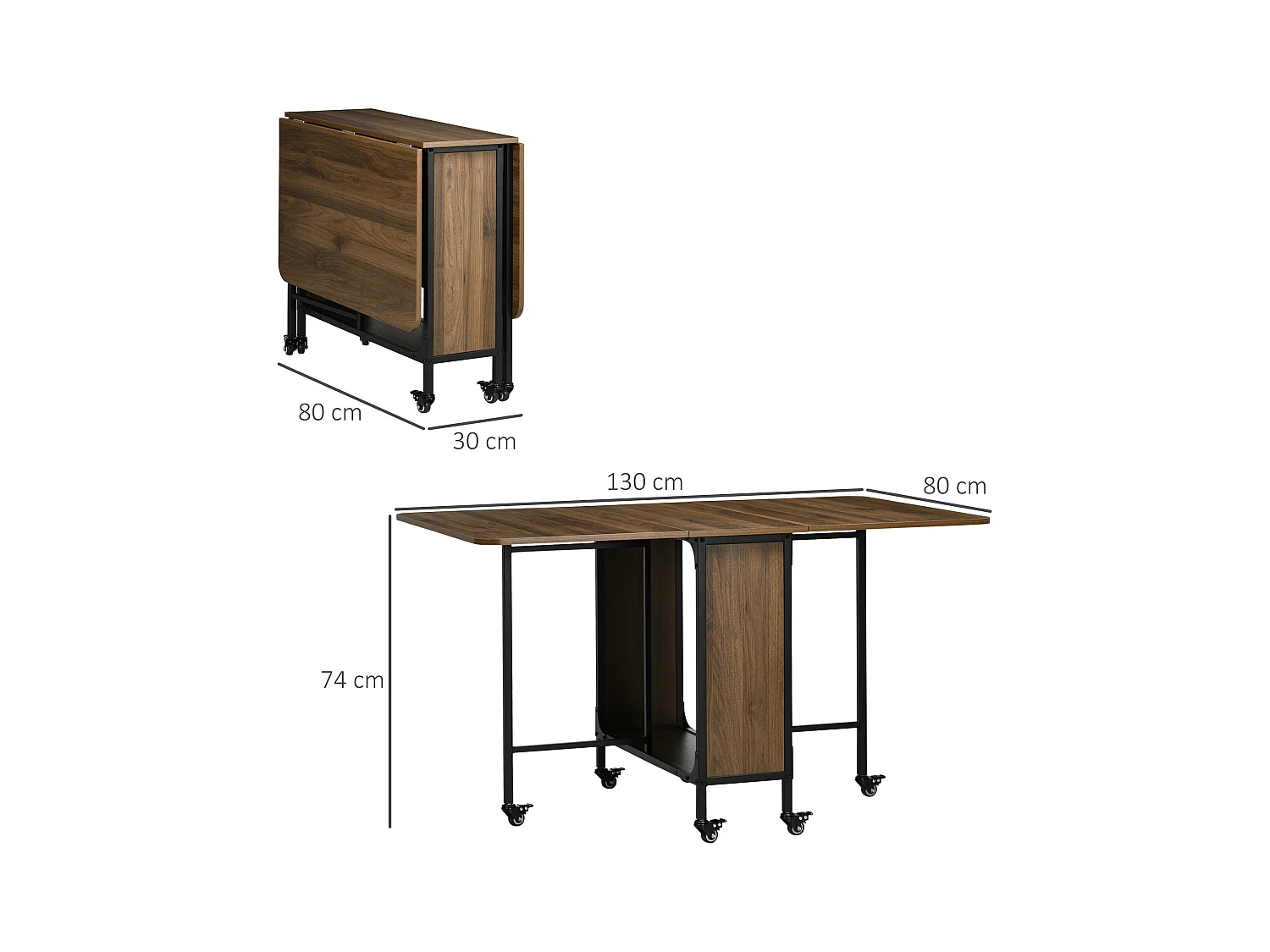 Table à manger pliante mobile pour 6 personnes, plateau avec rangement, bois, marron clair (130x80x74cm)