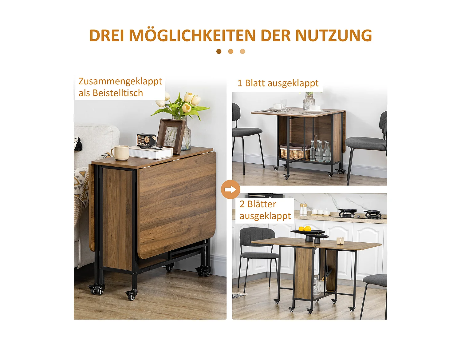 Table à manger pliante mobile pour 6 personnes, plateau avec rangement, bois, marron clair (130x80x74cm)