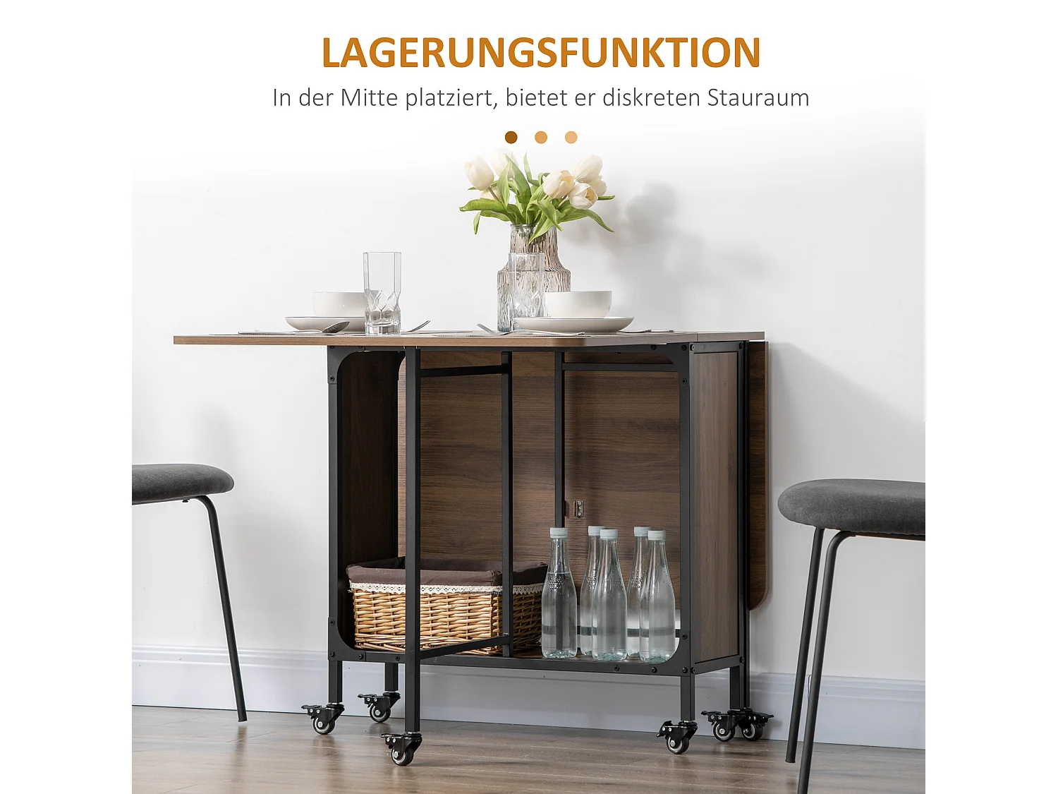 Table à manger pliante mobile pour 6 personnes, plateau avec rangement, bois, marron clair (130x80x74cm)