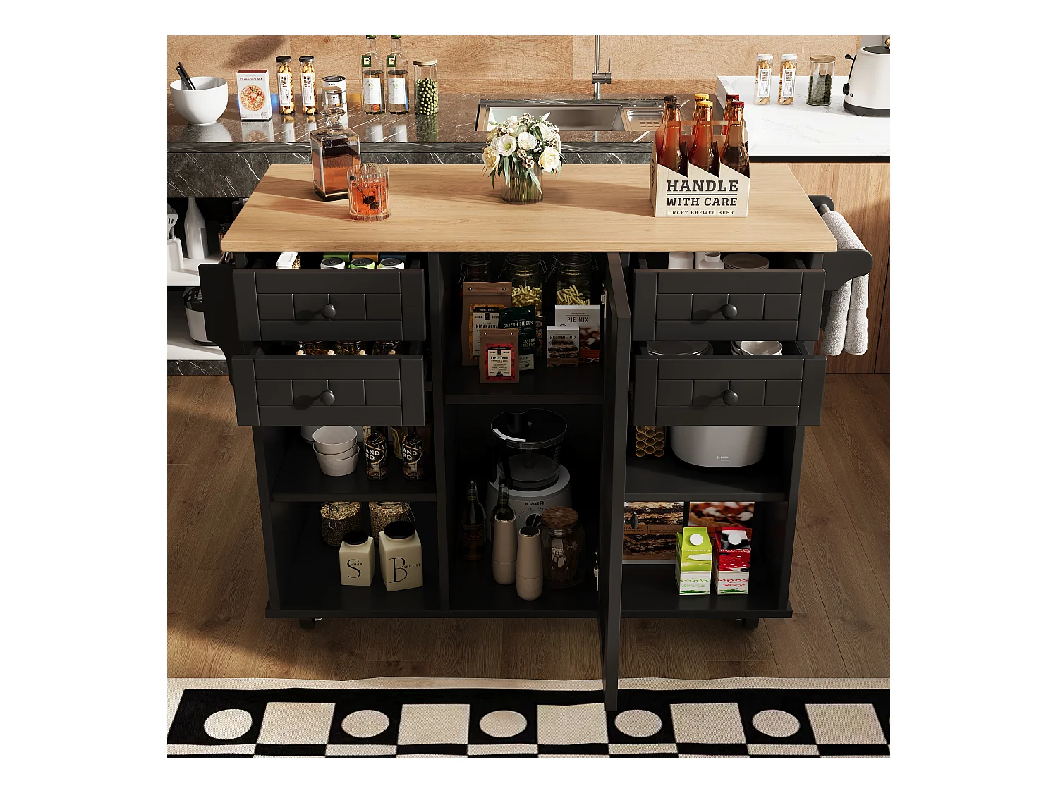 Îlot de cuisine moderne, rangement multifonction, MDF et métal, noir (127x46x91.5 cm)