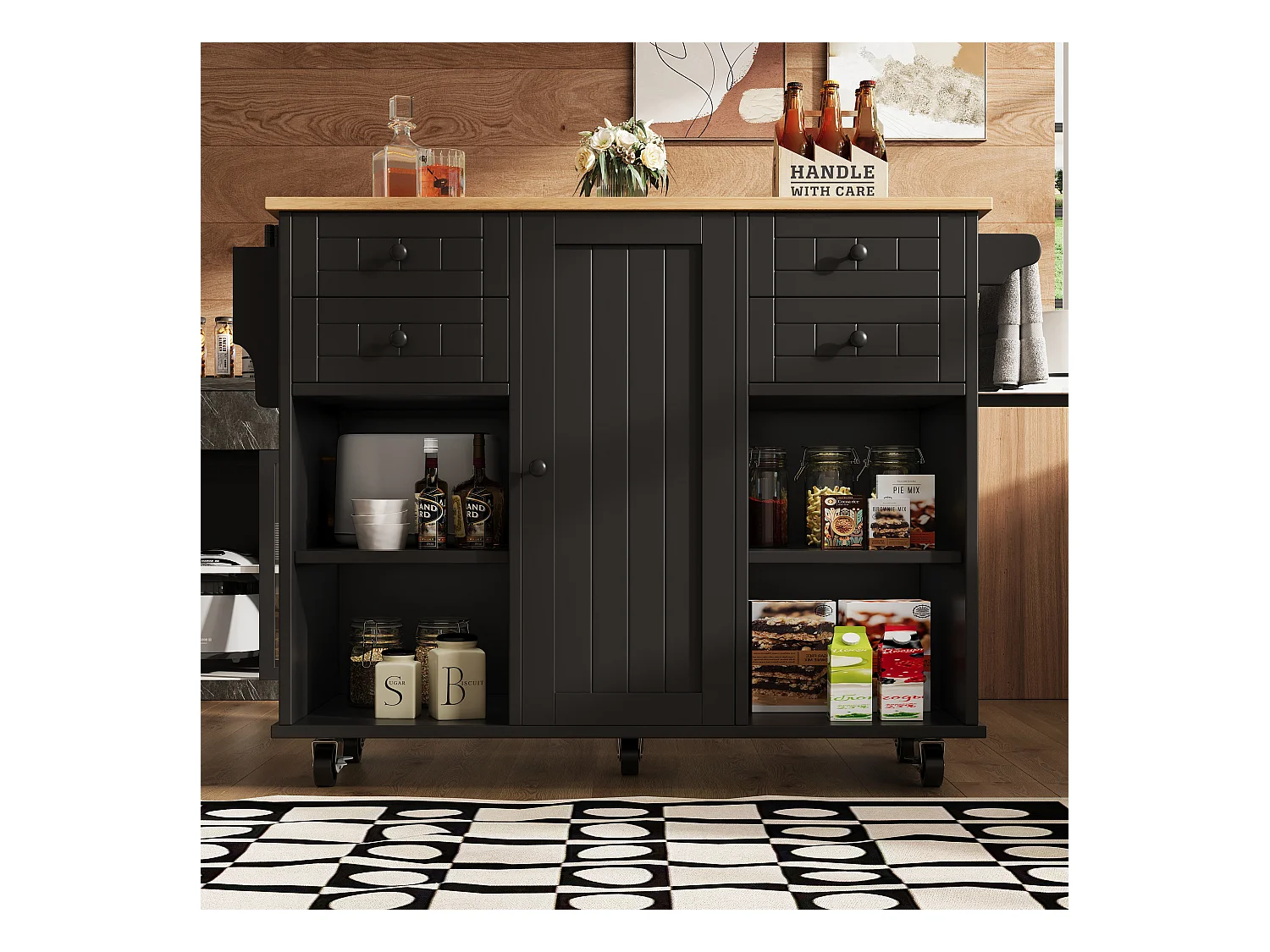 Îlot de cuisine moderne, rangement multifonction, MDF et métal, noir (127x46x91.5 cm)