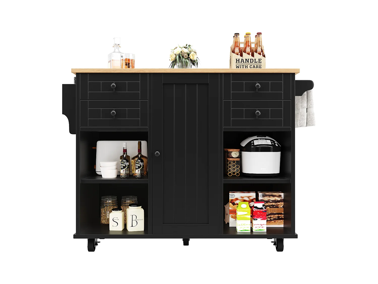 Îlot de cuisine moderne, rangement multifonction, MDF et métal, noir (127x46x91.5 cm)