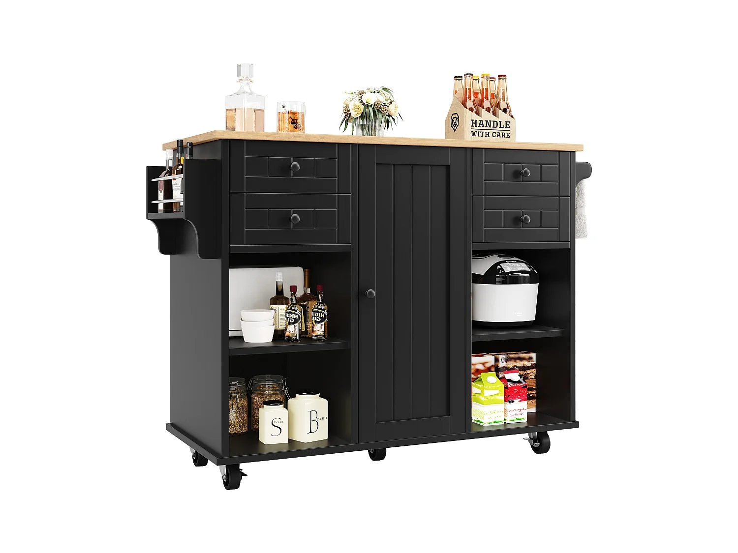 Îlot de cuisine moderne, rangement multifonction, MDF et métal, noir (127x46x91.5 cm)