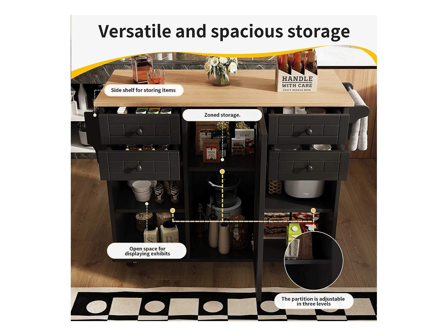 Îlot de cuisine moderne, rangement multifonction, MDF et métal, noir (127x46x91.5 cm)