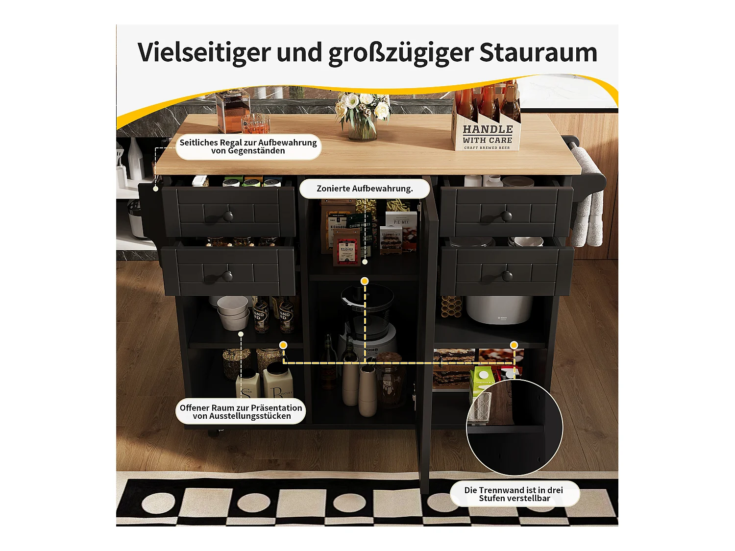 Îlot de cuisine moderne, rangement multifonction, MDF et métal, noir (127x46x91.5 cm)