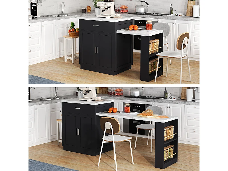 Îlot de cuisine avec table extensible pour 4-6 personnes, rangements, prises et étagères ouvertes, MDF, noir et blanc (211x55x89.5 cm)