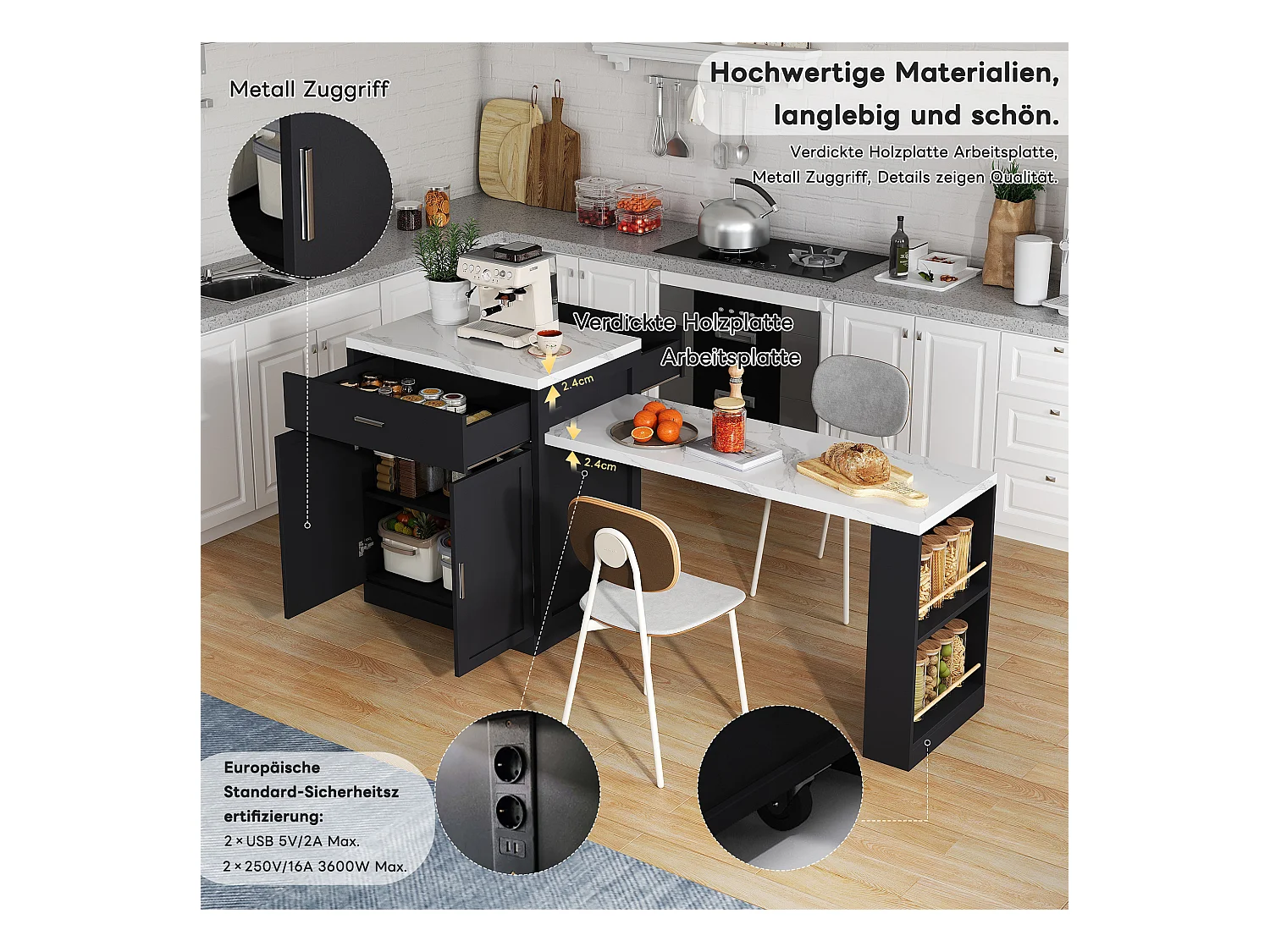 Îlot de cuisine avec table extensible pour 4-6 personnes, rangements, prises et étagères ouvertes, MDF, noir et blanc (211x55x89.5 cm)