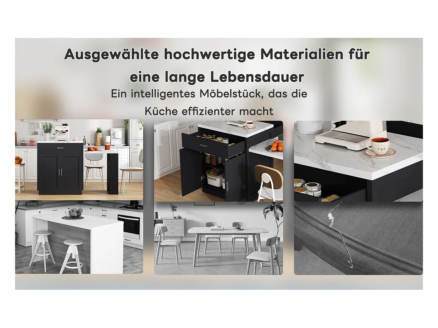 Îlot de cuisine avec table extensible pour 4-6 personnes, rangements, prises et étagères ouvertes, MDF, noir et blanc (211x55x89.5 cm)