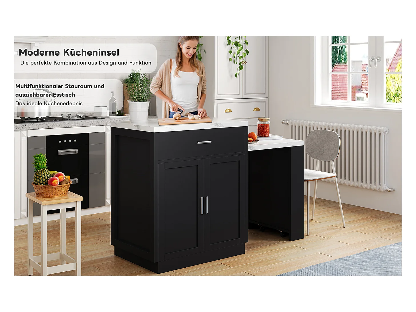 Îlot de cuisine avec table extensible pour 4-6 personnes, rangements, prises et étagères ouvertes, MDF, noir et blanc (211x55x89.5 cm)