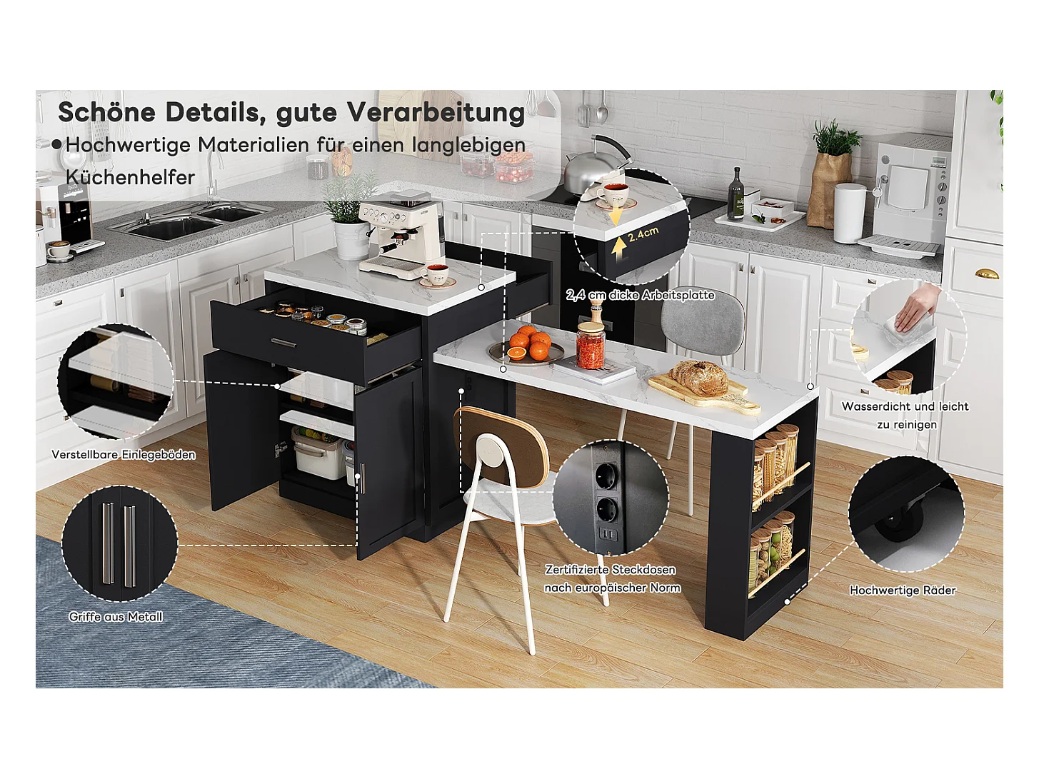 Îlot de cuisine avec table extensible pour 4-6 personnes, rangements, prises et étagères ouvertes, MDF, noir et blanc (211x55x89.5 cm)